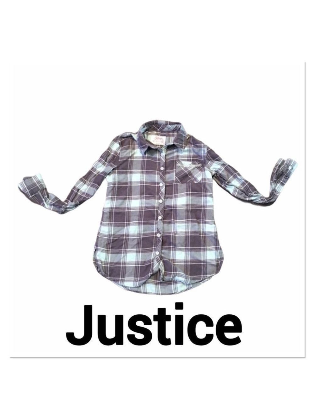 JUSTICE Flannel Mint & Gray Button Up Plaid Shirt 12